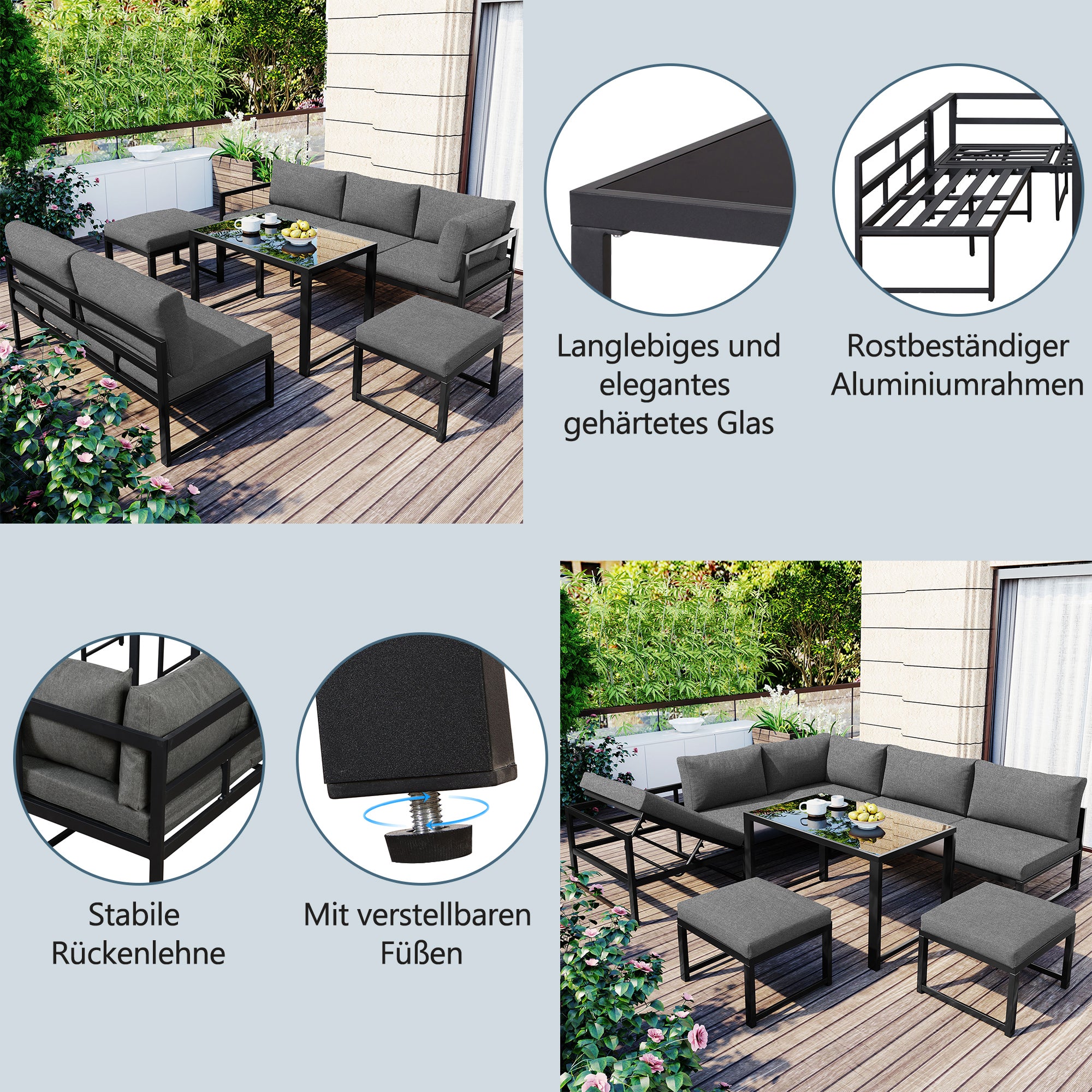 Muebles de jardín modulares de metal: 1 sofá elevable de 3 plazas + 1 sofá de 2 plazas + 2 taburetes + 1 mesa de centro de cristal - Gris + negro - 7