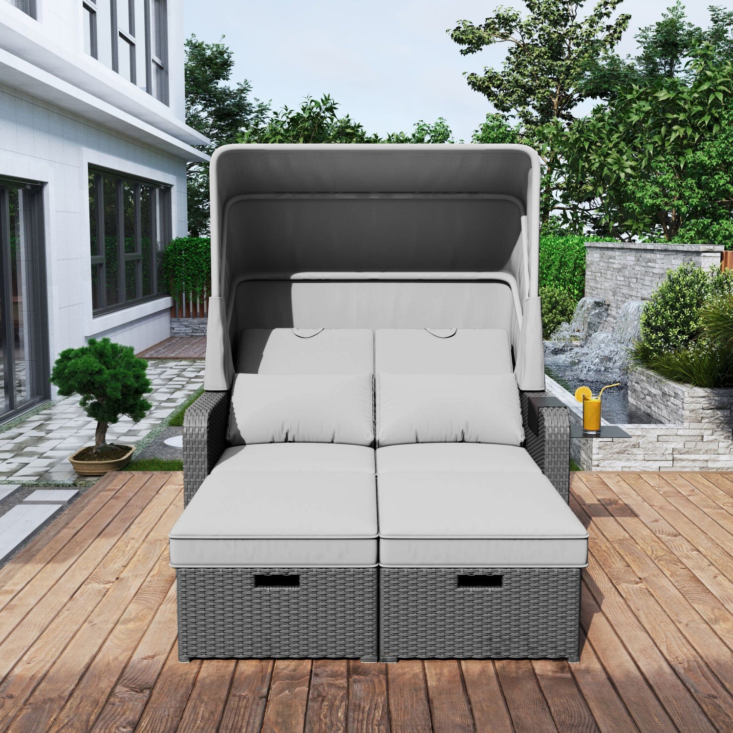 Mobilier de jardin en polyrotin pour deux personnes, marquise amovible, matériaux polyrotin et éponge, 130×196×152 cm, gris - 8