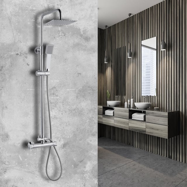 AICA Colonna Doccia con Miscelatore Termostatico, Set Doccia con Soffione Quadrato Rotante 360, Saliscendi Doccia Regolabile 85-125 cm