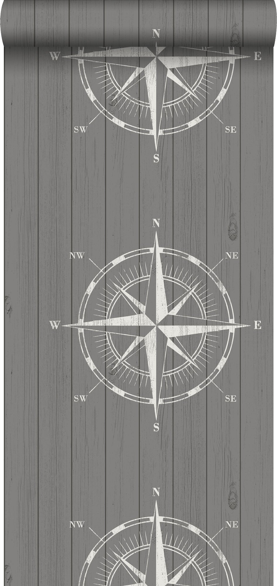 Tapeta róża kompasu na złom białymIszarym - 53 cm x 10.05 m - ESTAHOME