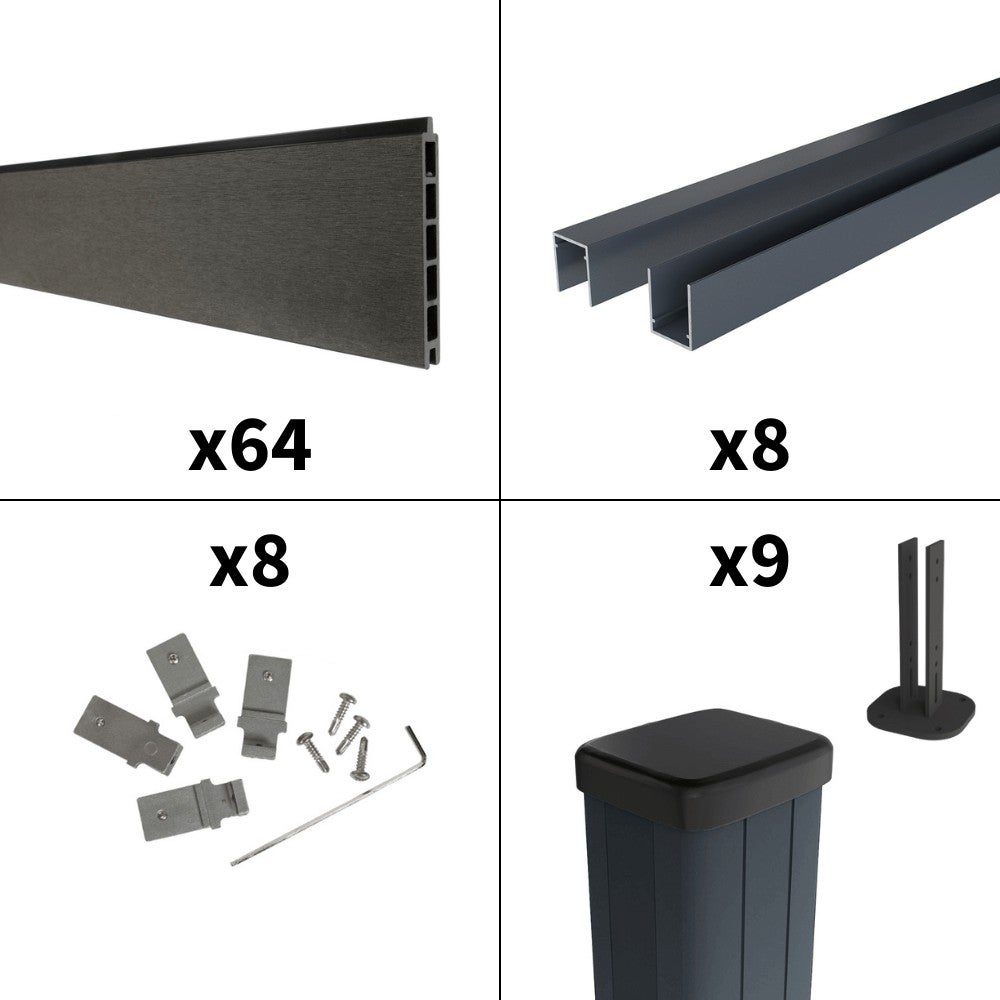 Kit Clôture Composite sur Muret RIO Anthracite 14,5x1,2m - Bois composite & Aluminium - Poteaux sur Platines Gris - Brise vue - 3