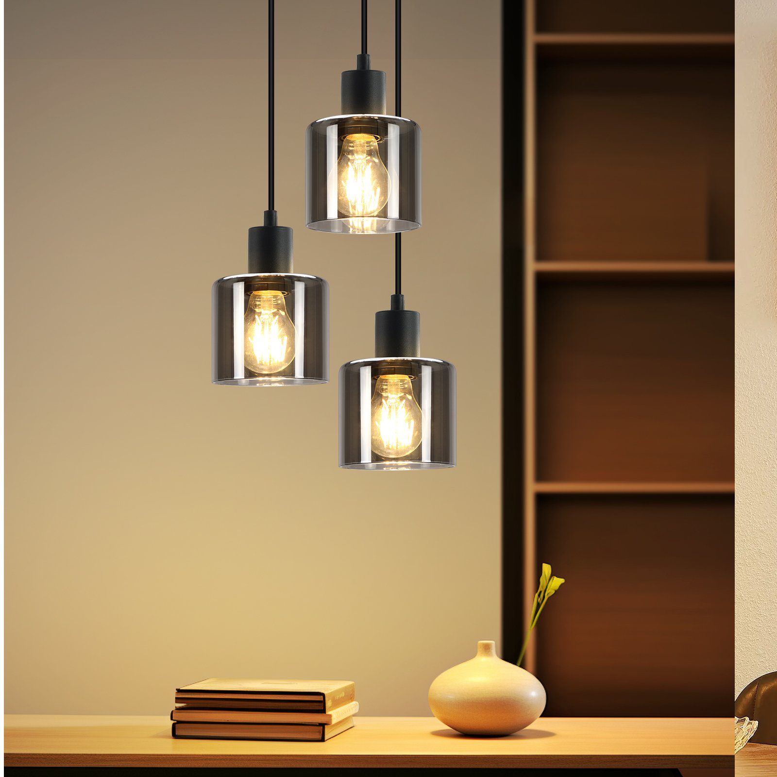 NETTLIFE Lámpara Colgante Vidrio Negro Diam.26cm E27 Sala de Estar 3 Bombillas Lámpara de Vintage Lámpara Industrial Regulable en Altura - 9