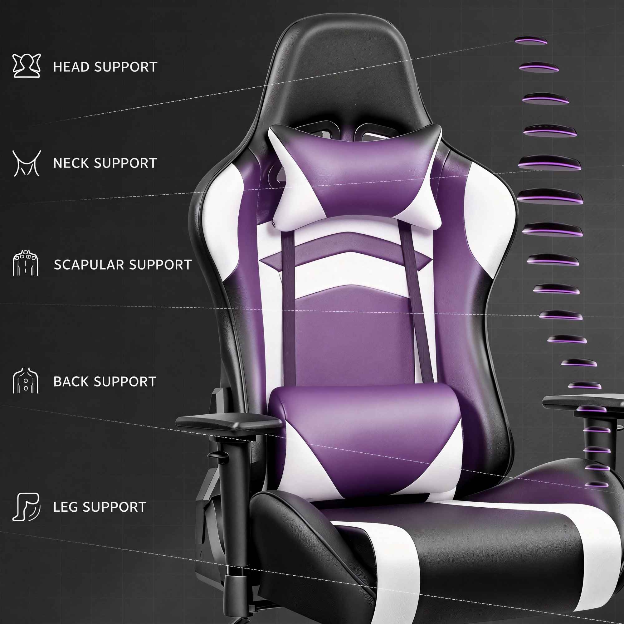 Chaise Gaming Ergonomique Noir et Blanc, Dossier Réglable 90°-155°, Assise à Ressorts, Revêtement PU Imperméable, Soutien Complet - 3