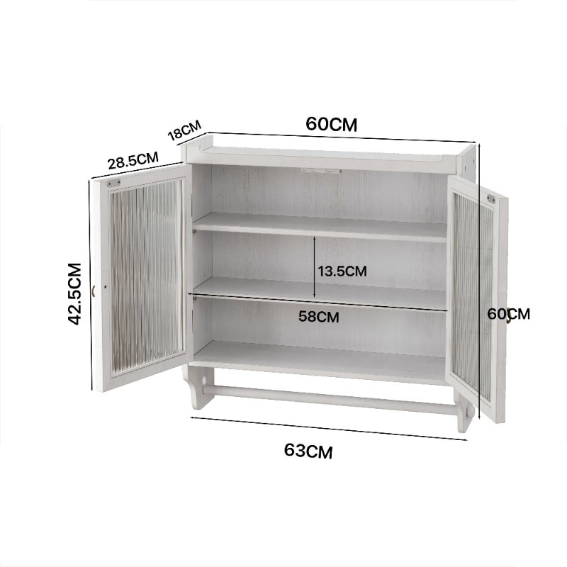 Cabinet mural vintage blanc avec portes vitrées, 3 étagères et porte-serviette, 63 cm - 8