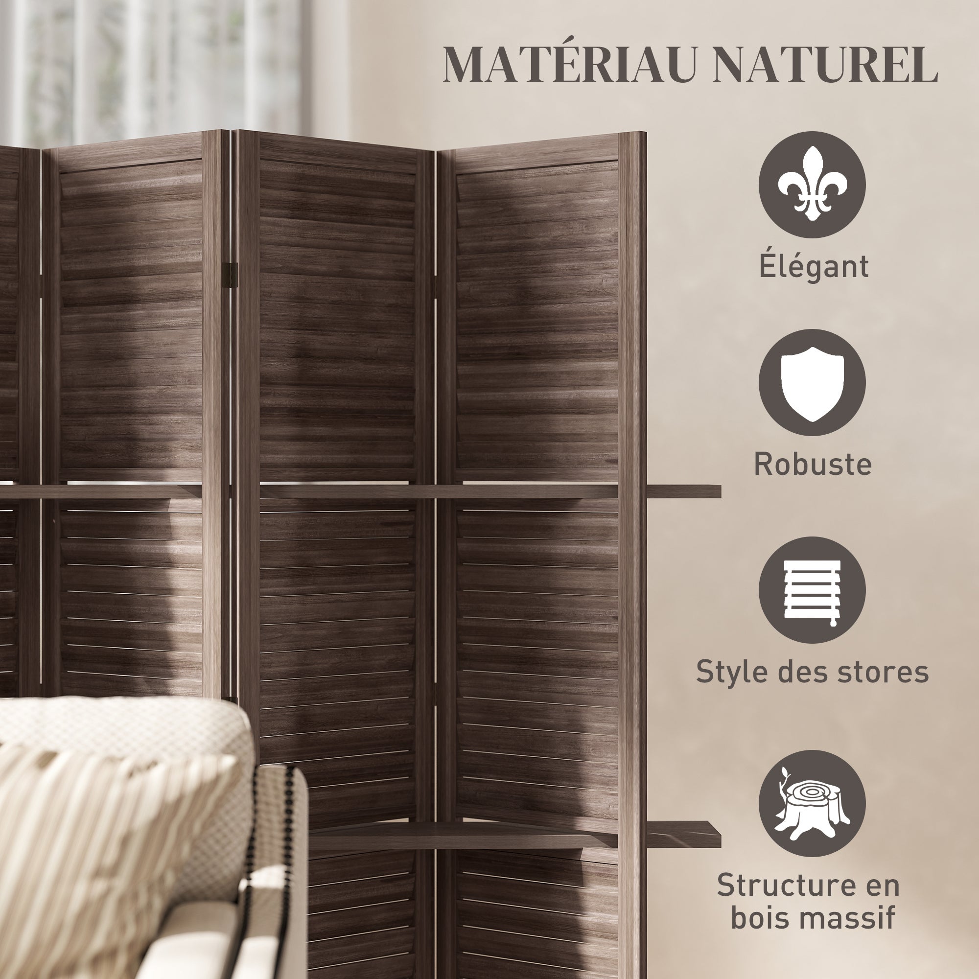 Paravent intérieur en bois 4 panneaux 160x170cm,séparateur de pièce pliable avec 3 étagères,noyer - 8