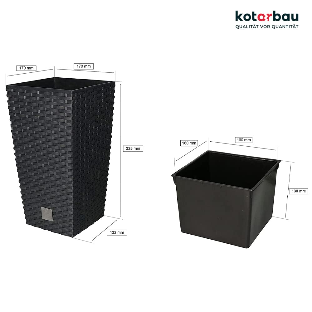 Pot de Fleurs Carré 170 x 170 x 324 mm - Design Rotin - Avec Pot Intérieur Anthracite - KOTARBAU - 2