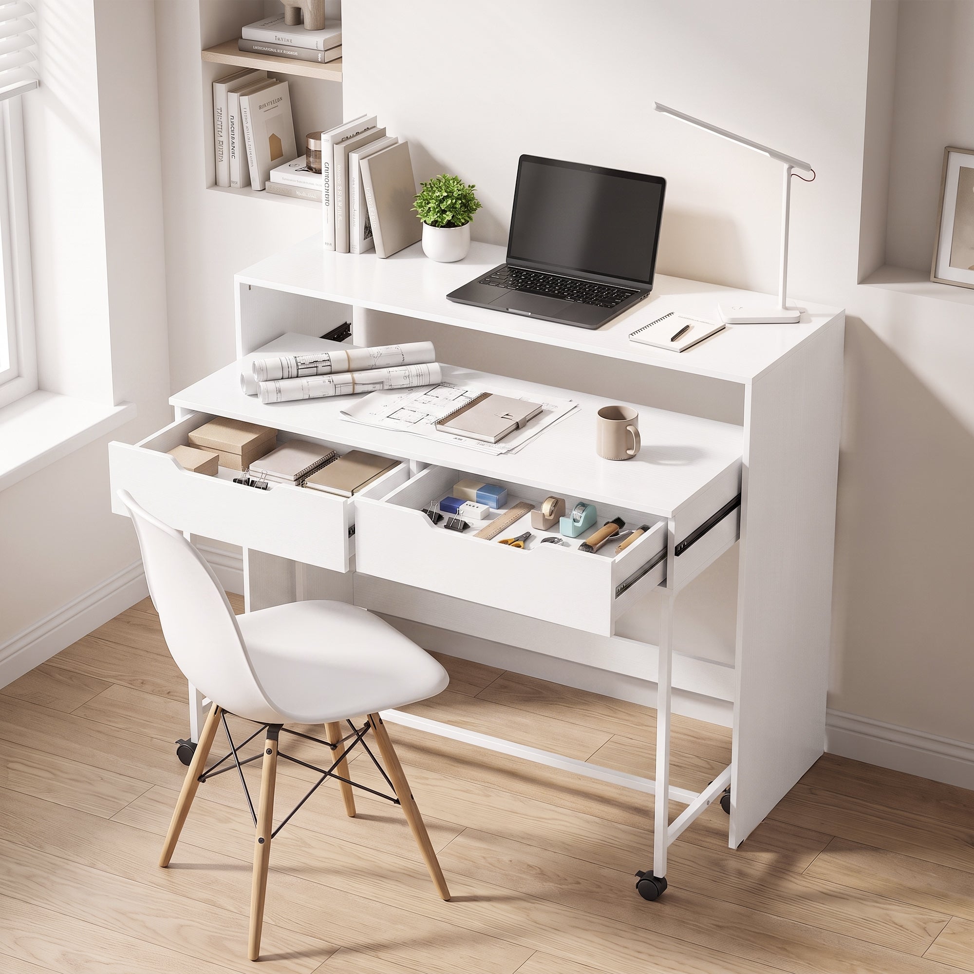 Bureau d'Ordinateur Extensible 100 cm avec 2 Tiroirs, Bureau avec ...