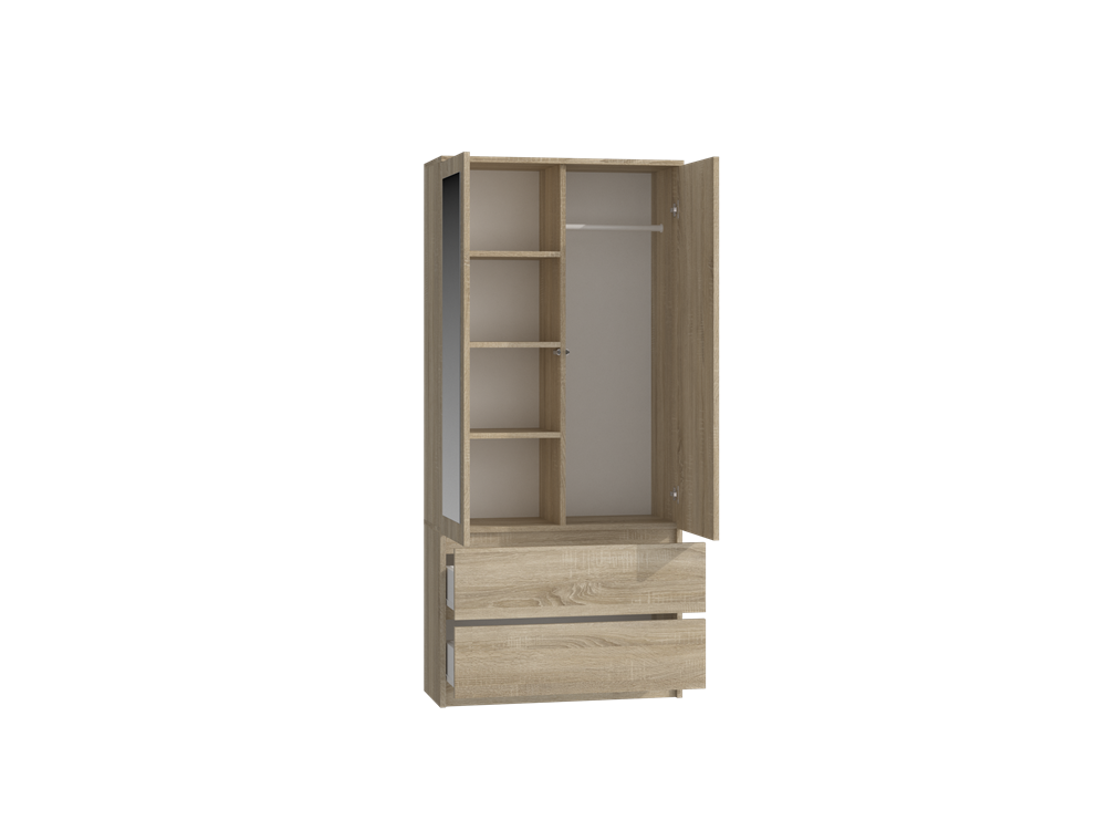 TURIN - Armoire 2 portes avec miroir style moderne chambre à coucher - 90x50x180 - 2 tiroirs - Sonoma - 2