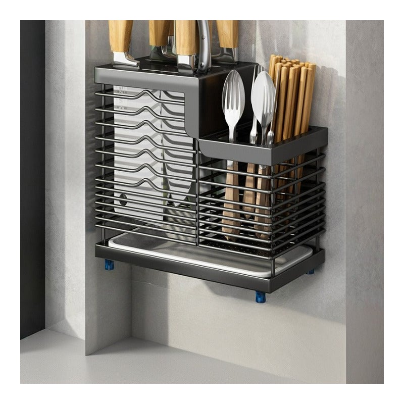 Uchwyt na noże ze stali nierdzewnej 304, wiszący uchwyt na noże kuchenne + uchwyt na pałeczki, czarny, 24*12,7*22,8 cm