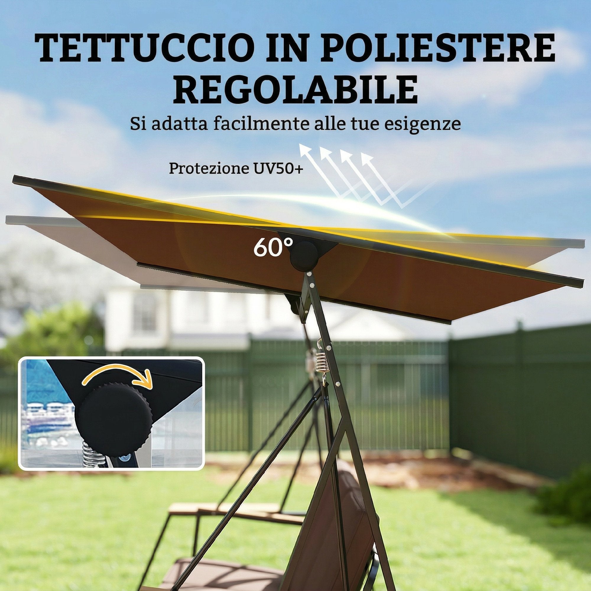 Balancelle de jardin 3 places en métal avec auvent réglable, coussins rembourrés, 360 kg, 222x131x175 cm, marron - 8