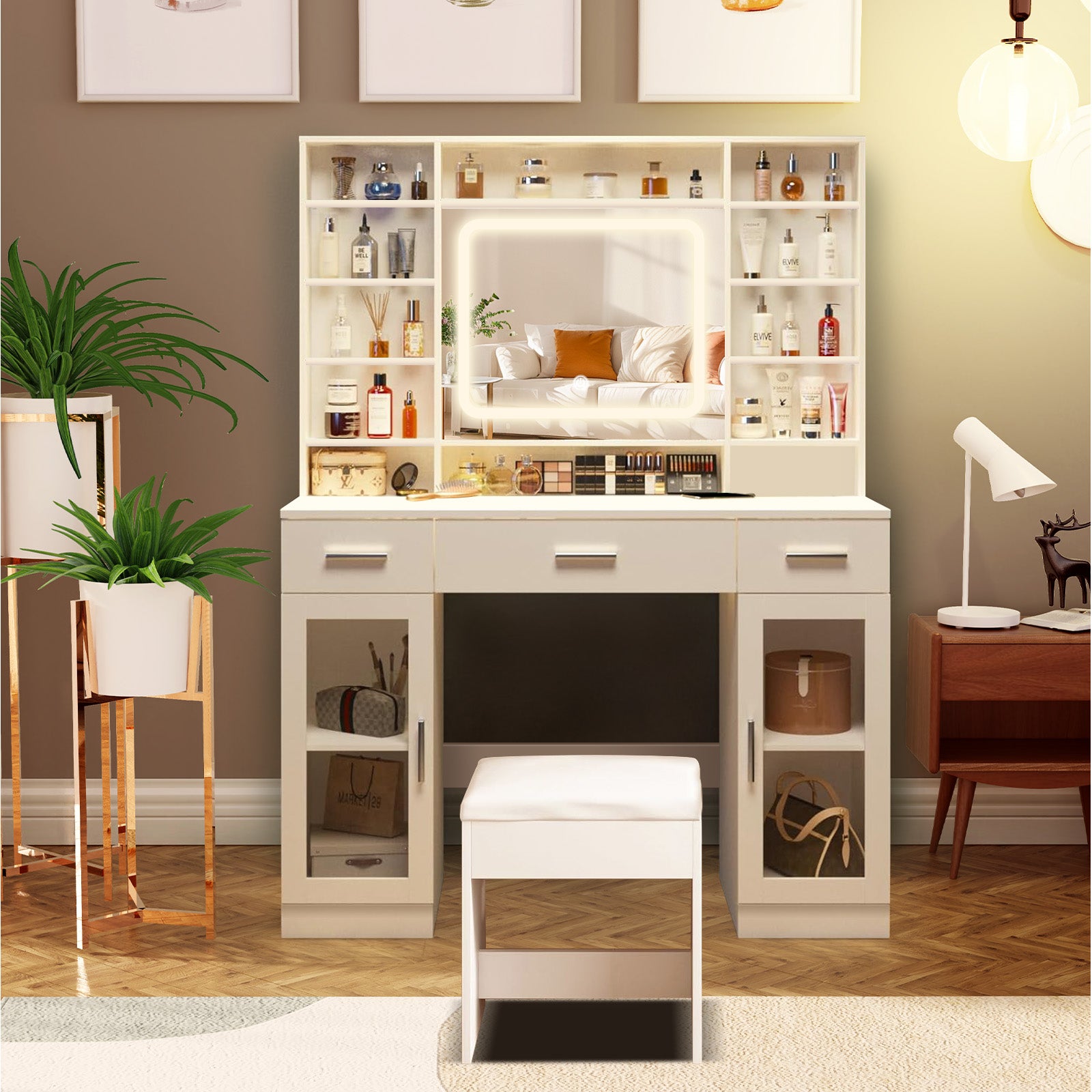 Coiffeuse avec miroir LED en MDF Blanc H. 140 x l. 110 x P. 39.9 cm - 2