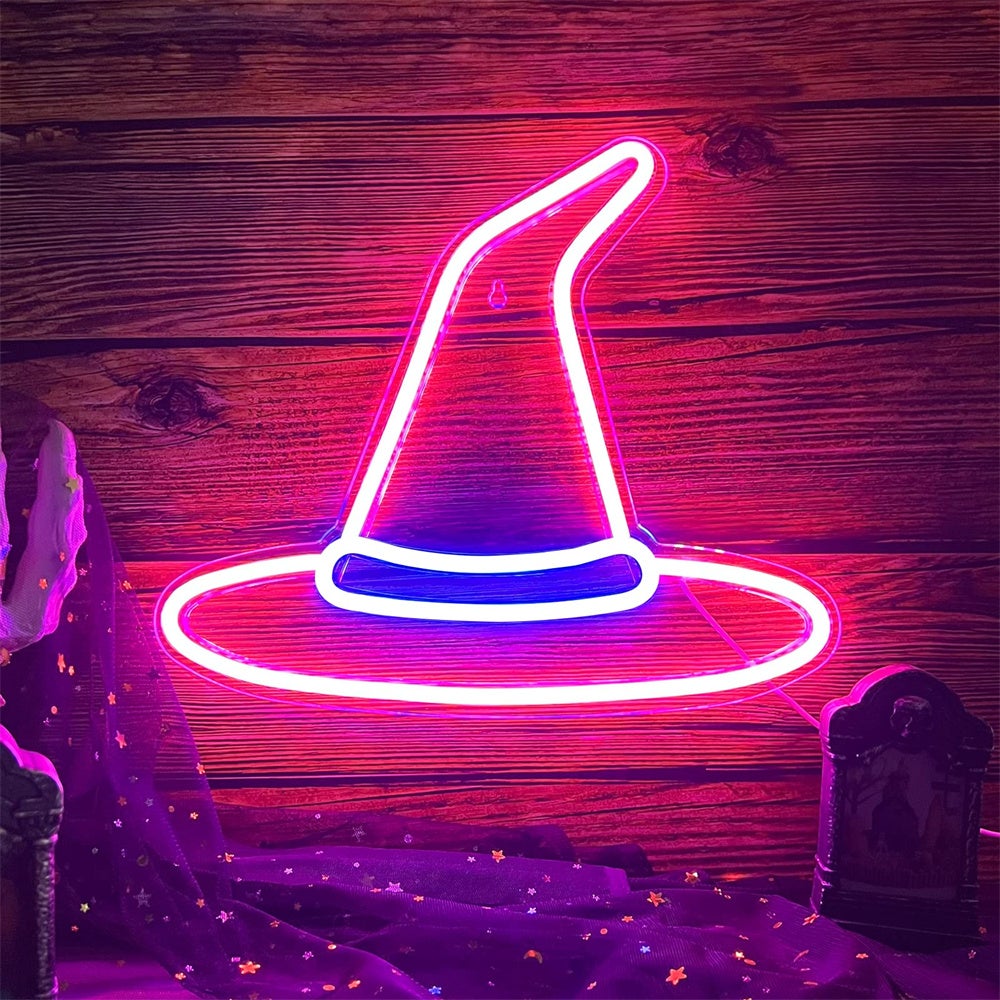 Dekoracja na Halloween z kapeluszem czarownicy, różowy panel świetlny LED z kapeluszem czarownicy, neonowy panel świetlny cool 23 x 20 cm