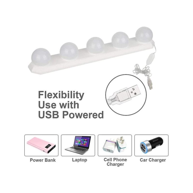 Lampa lustrzana LED, 5 diod LED, styl hollywoodzki, regulowana intensywność, USB, do lustra kosmetycznego, łazienki, toaletki, biała