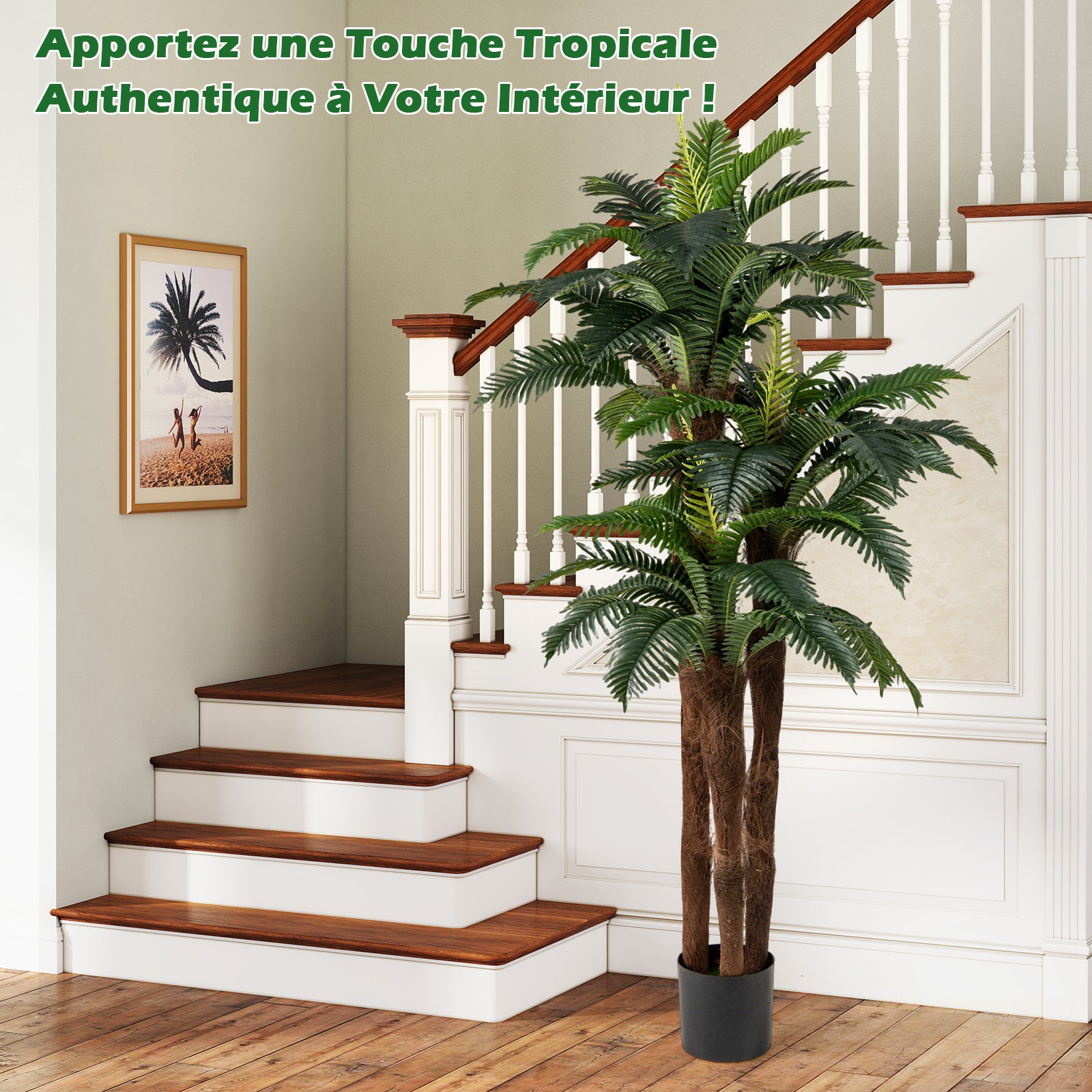 Lot de 2 Palmiers Artificiels de 191 cm, Faux Arbre Tropical en Pot avec 48 Feuilles Ajustables 3 Troncs Réalistes & Mousse, Décoration Moderne - 5