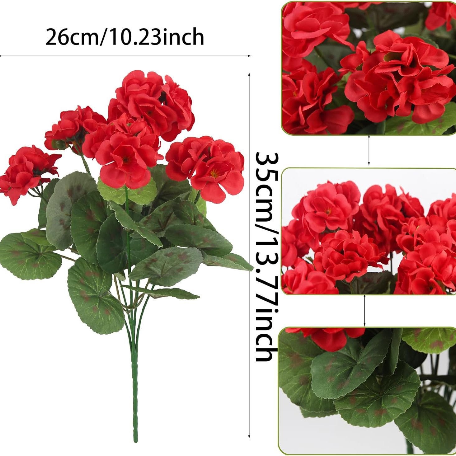Paquete de 5 flores artificiales de geranio y begonia para bodas, flores y plantas artificiales, rojo, 35 cm - 2