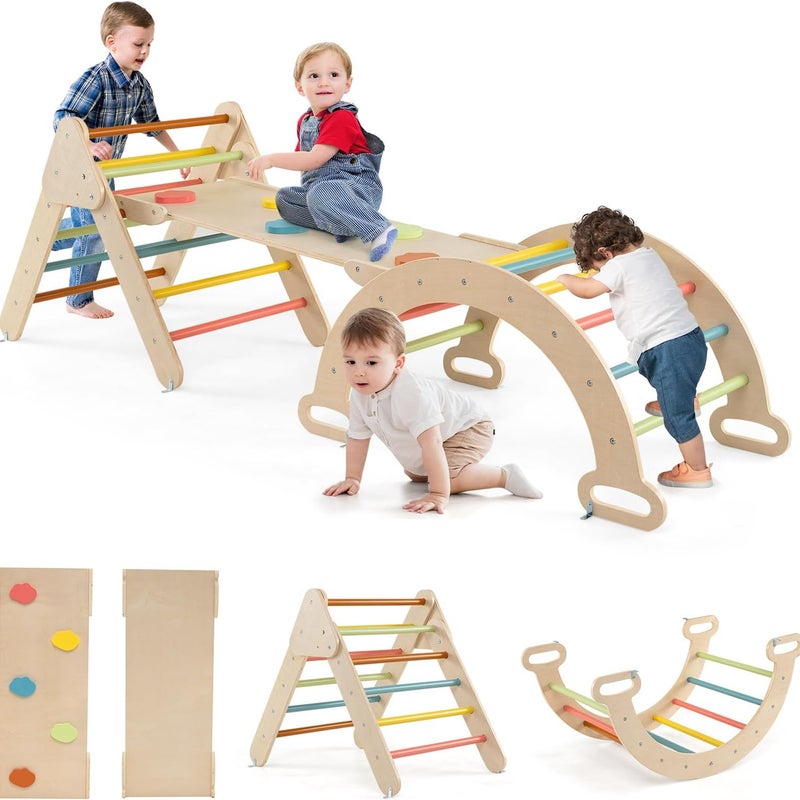 7 w 1 Trójkątny Łuk Montessori, Łuk do Wspinania Się dla Dzieci z Drewnianą Zjeżdżalnią, Rampą, Regulowaną Drabinką, Nośność 50 kg (Pastelowy)