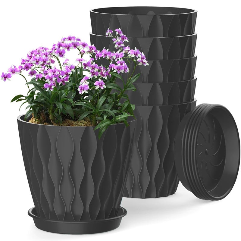 Zestaw 6 doniczek z otworami drenażowymi i tacami na storczyki, fiołki, sukulenty, zioła i inne rośliny, czarny, 15 cm