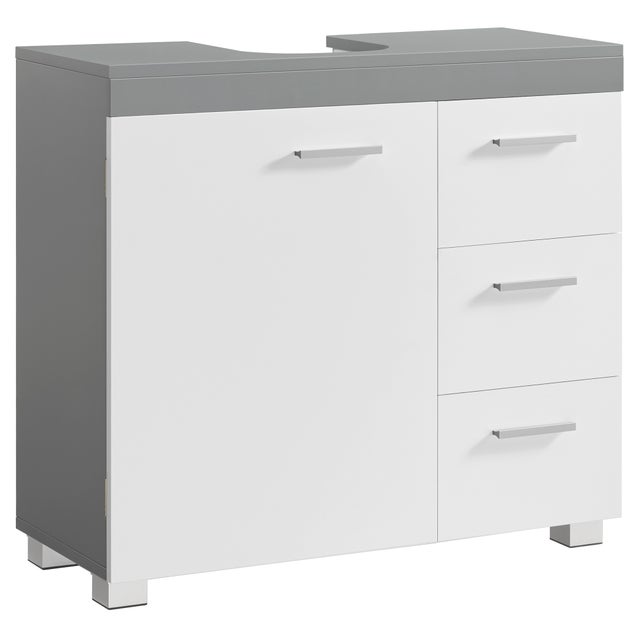 Meuble sous lavabo, 3 Tiroirs Latéraux, 2 Cases derrière la Porte, pour Lavabos sur Colonne, avec Pieds, 30 x 70 x 64 cm, Blanc et Gris Tourterelle