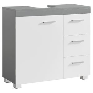 Meuble sous lavabo, 3 Tiroirs Latéraux, 2 Cases derrière la Porte, pour Lavabos sur Colonne, avec Pieds, 30 x 70 x 64 cm, Blanc et Gris Tourterelle