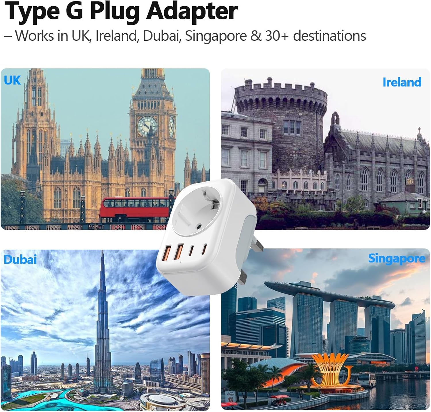 Adaptateur Prise Anglaise Type G, avec 2 USB A & 2 USB C, FR 2 Broches vers GB 3 Broches pour Irlande Angleterre Ecosse Dubaï Malte - 5