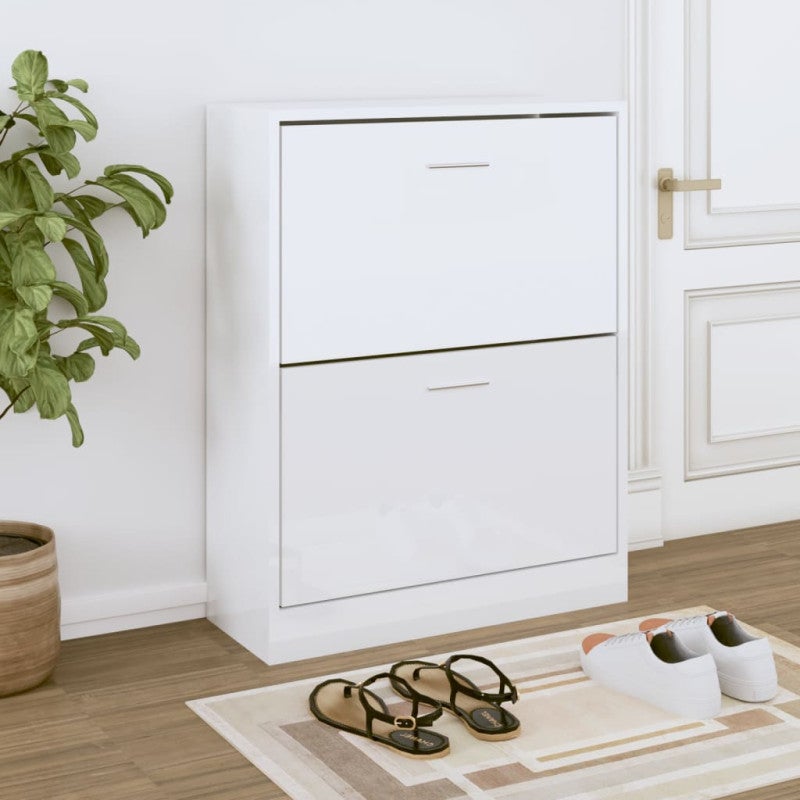 Scarpiera VidaXL 2 Cassetti - Design Moderno - Bianco Lucido - 63x24x81 Cm - Legno Multistrato