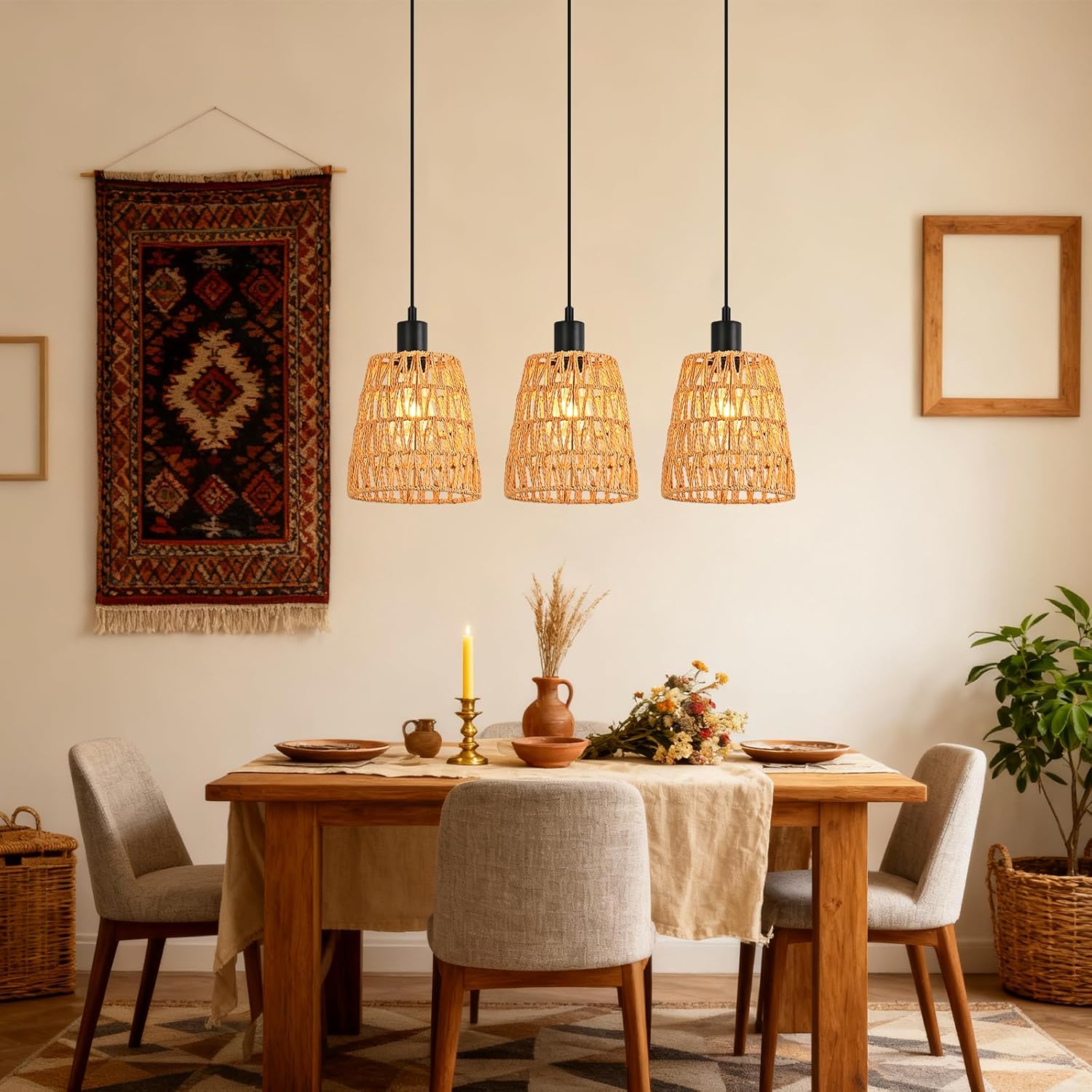 Lampa wisząca Nettlife Boho Rattan z 3 żarówkami – żyrandol z plecionej liny konopnej w stylu vintage, E27 (żarówki nie są dołączone) - 2