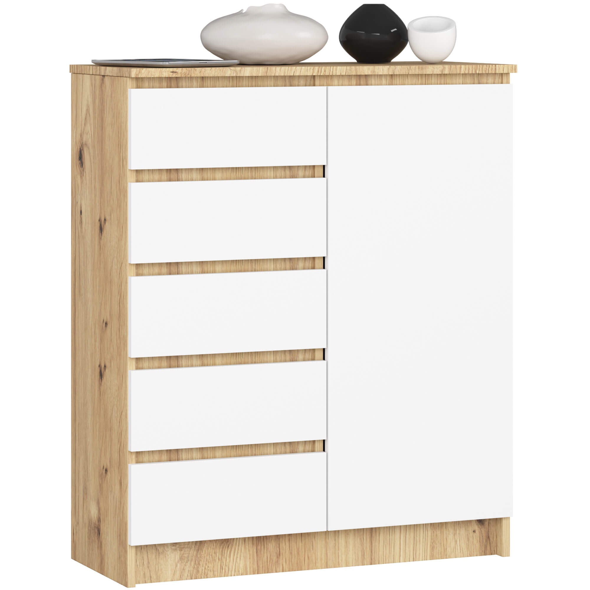 Komoda AKORD K80 Dąb Artisan 80 cm 1 drzwi 5 szuflad kolor Biały mat 3 półki 80x35x97 cm