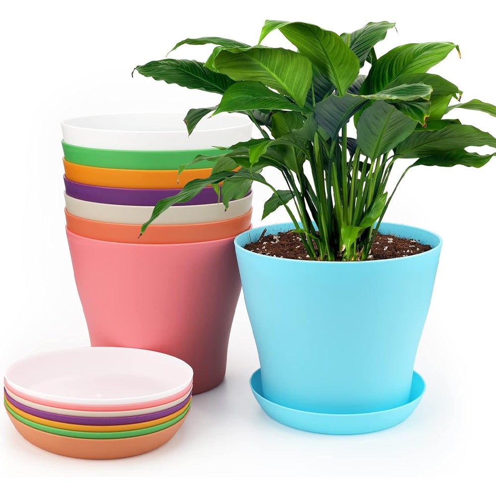 Doniczki plastikowe, 8 kolorowych sztuk po 16 cm, do stosowania wewnątrz i na zewnątrz, pojemnik z tackami, odpowiedni do sadzonek i kaktusów.