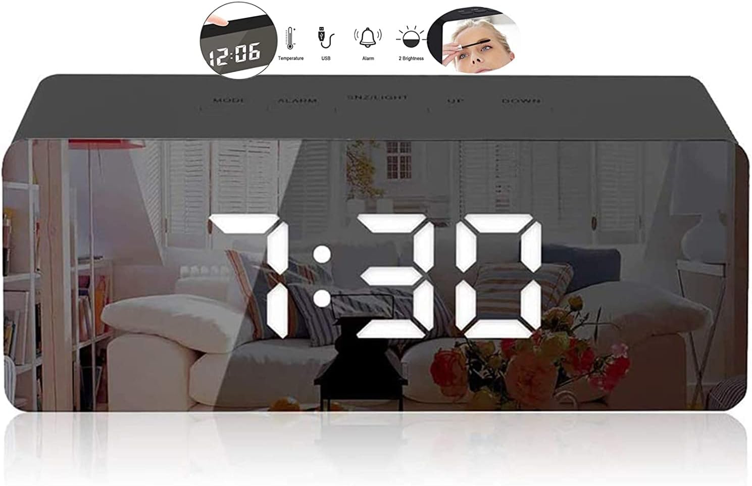 Budzik z temperaturą ABS Zasilany baterią/USB 1 szt. Czarny