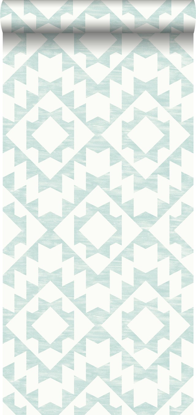 Papier peint tapis Marrakech vert menthe pastel clair grisé et blanc mat - 53 cm x 10.05 m - ESTAhome