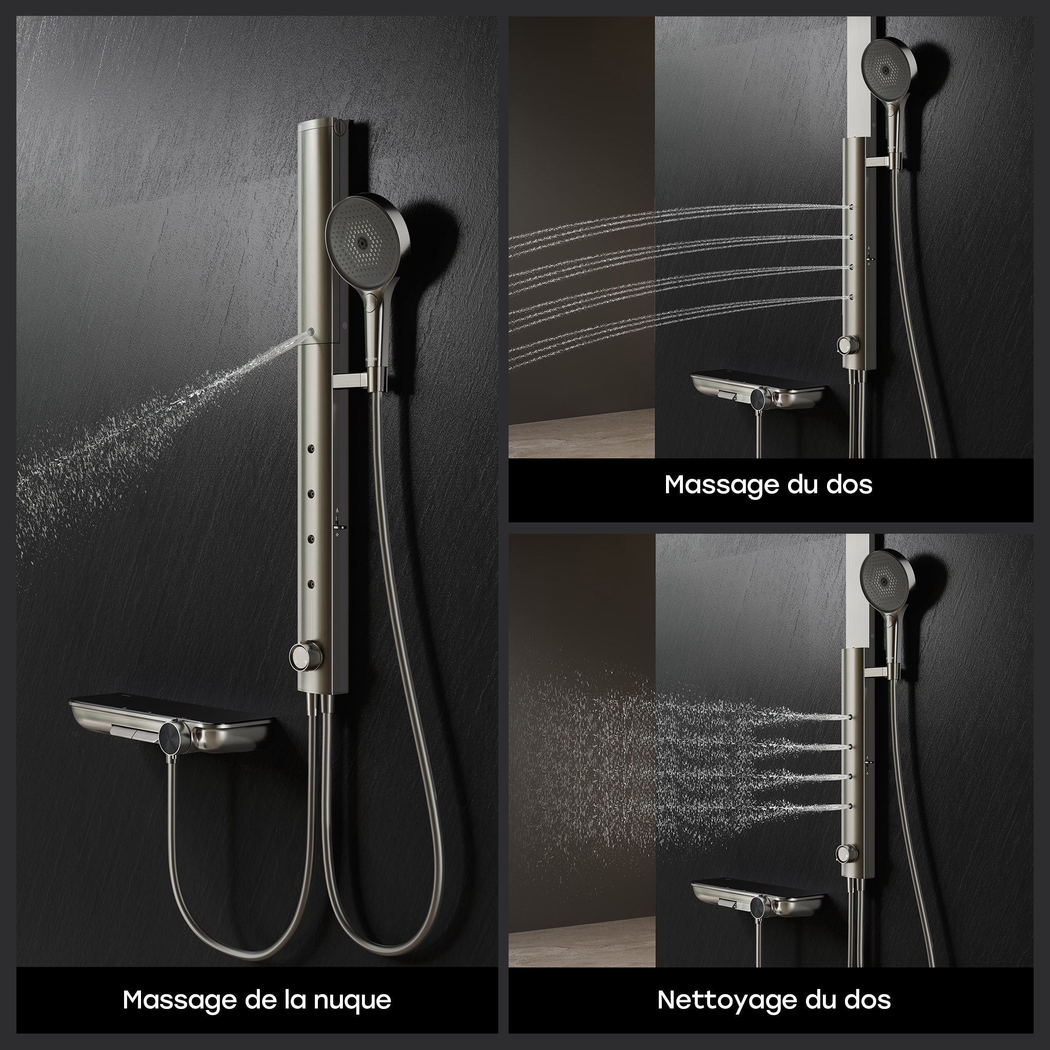 HOROW Sistema de ducha con termostato, gris, panel de ducha con cabezal de ducha plegable, completo de ducha, 4 funciones de masaje, altura regulable - 4