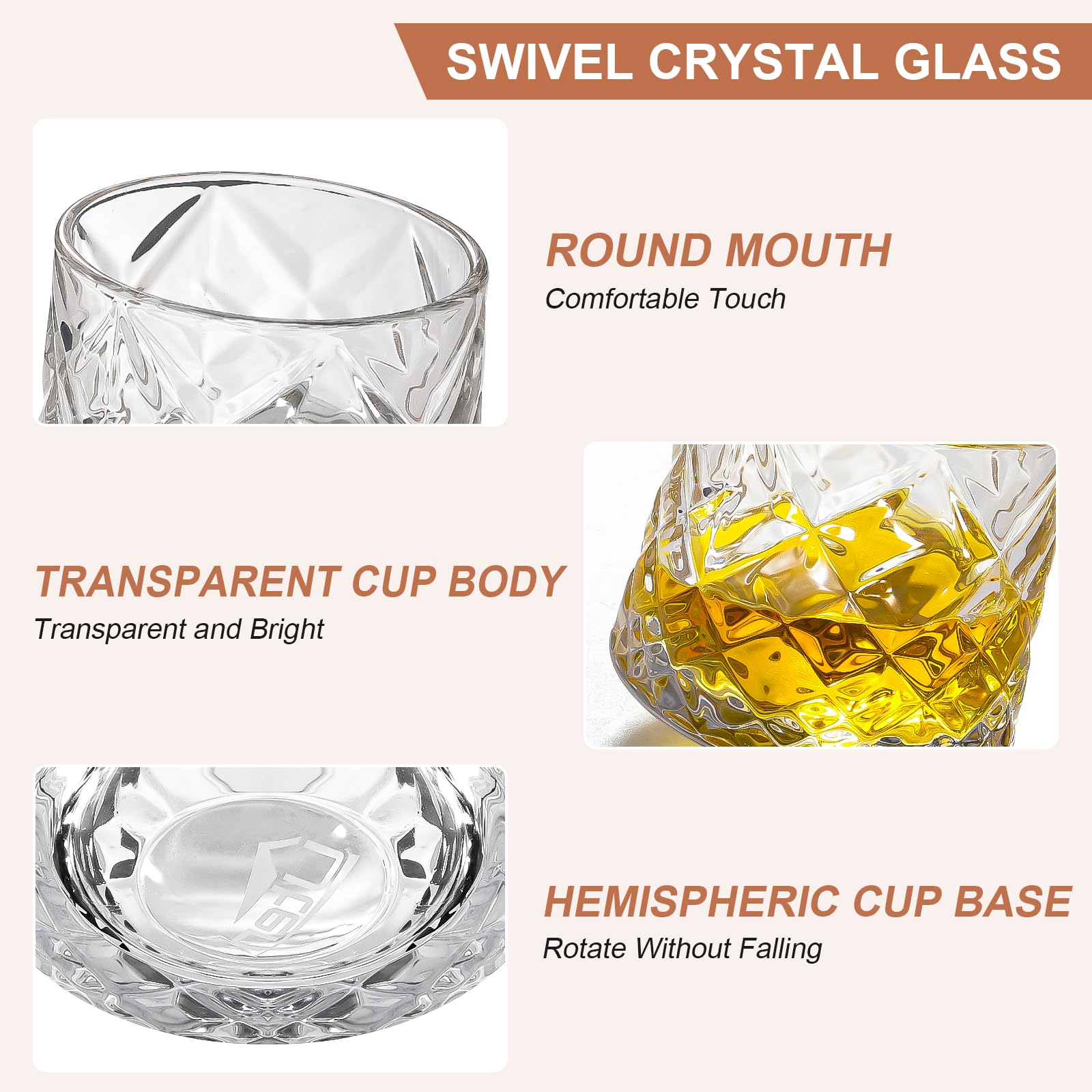 Uten Calice da Acqua Rotante, 275 ML/10 OZ Bicchiere Whisky Cristallo, Sottobicchiere in Bambù, Sensazione Spessa, Coppa da Rum Vetro Latte, Relax e - 3