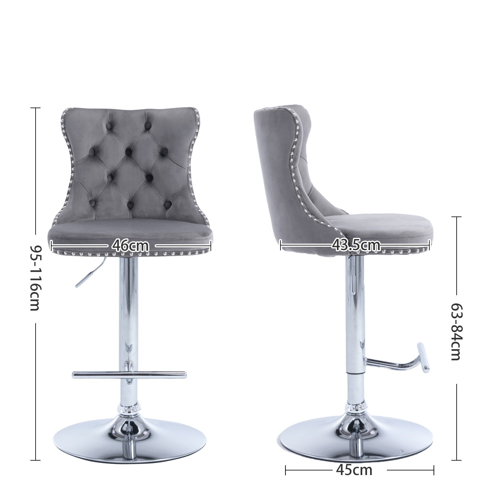 Tabouret de Bar Pivotant, Chaise de Bar Rembourrée, Lot de 2, Hauteur Réglable 63-84cm, Assise Velours avec Dossier et Base Chrome, Gris Foncé - 5