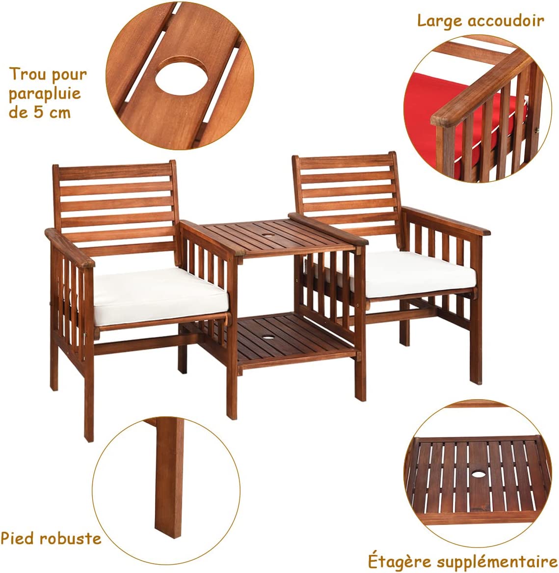 Set Tavolo e Sedia da Giardino con Foro per Ombrello, Set di Mobili a 2 Posti da Esterno in Legno di Acacia con Cuscini, per Giardino, Cortile - 5