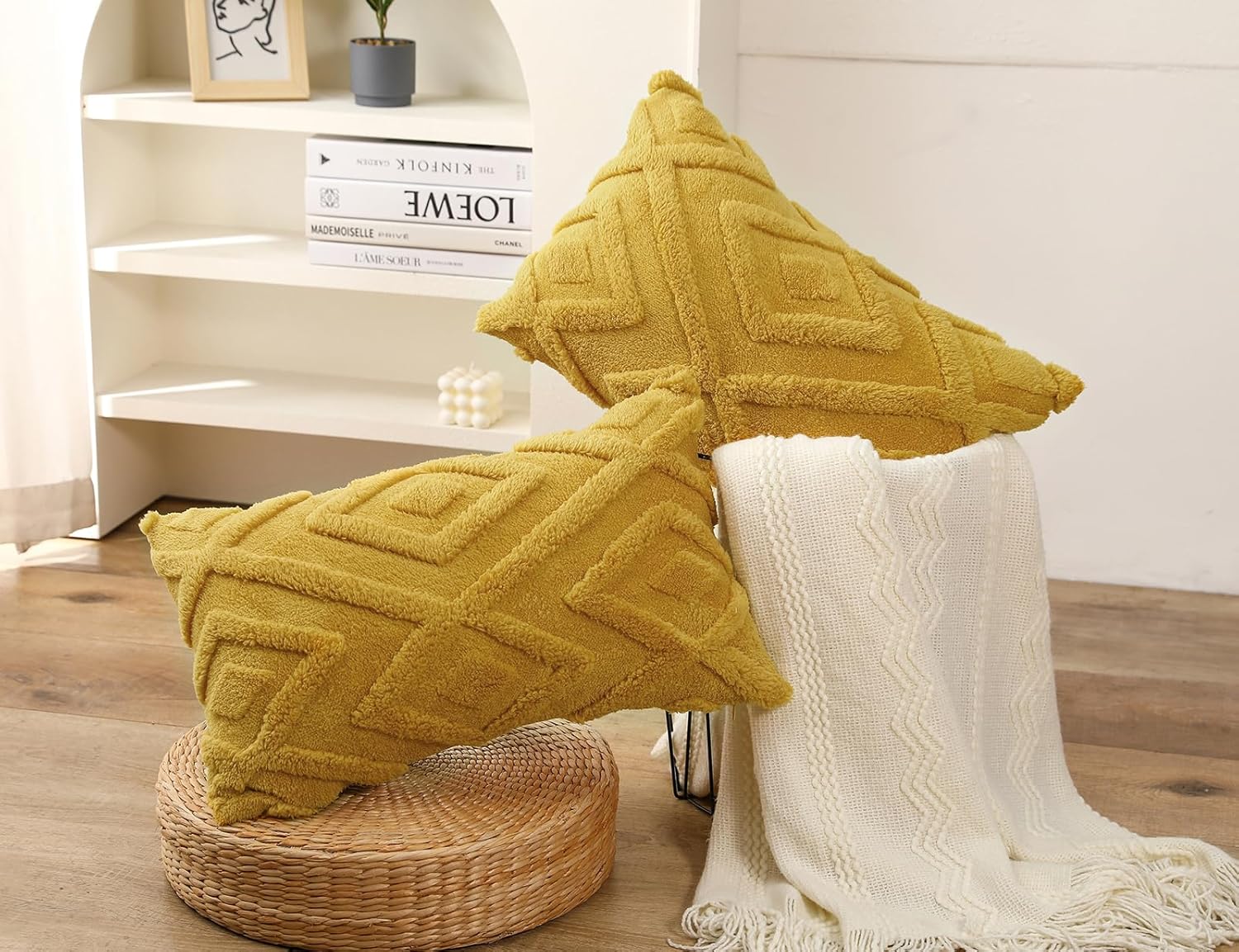 Housse de coussin jaune - motif à carreaux doux, style bohème - convient pour le salon, la chambre, etc. - Lot de 2, 30×50 cm - 2