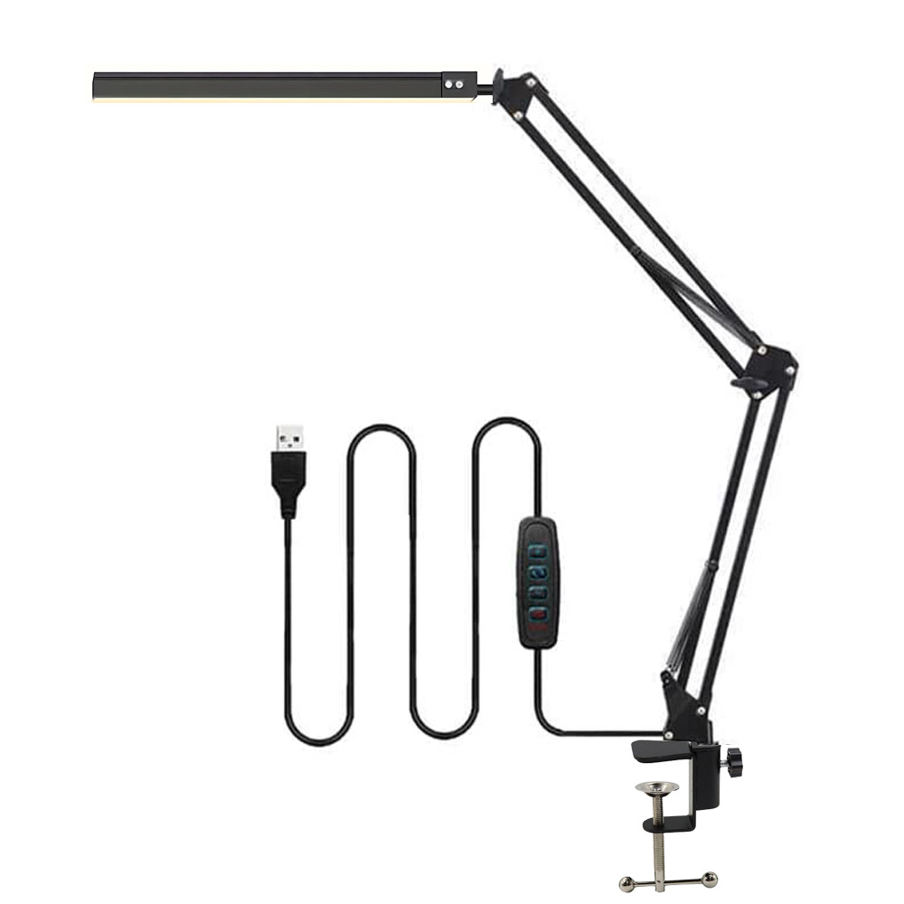 Czarna lampka biurkowa i do czytania LED z portem USB, obrotowym ramieniem i klipsem, ściemnialna, 3 tryby kolorów, ochrona oczu
