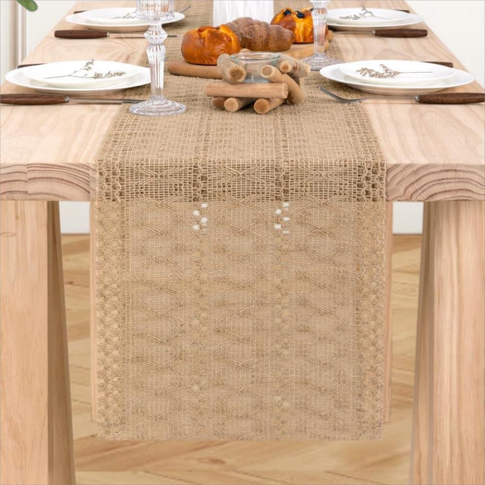 Tovaglia Runner Khevga Autunnale Con Foglie – 40x140 Cm, Bianca Con Stampe Marroni, Lavabile