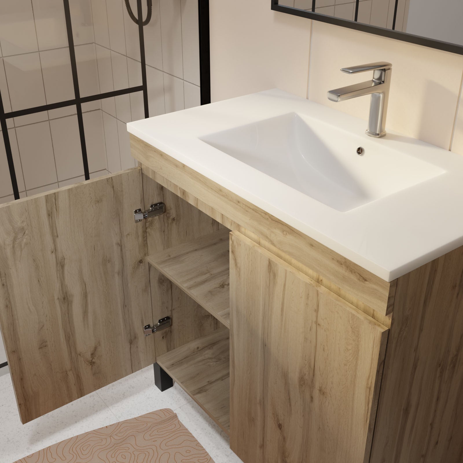 Meuble de salle de bains 80cm 2 Portes_Chêne Naturel + Vasque céramique blanche - TIMBER 80 - 2