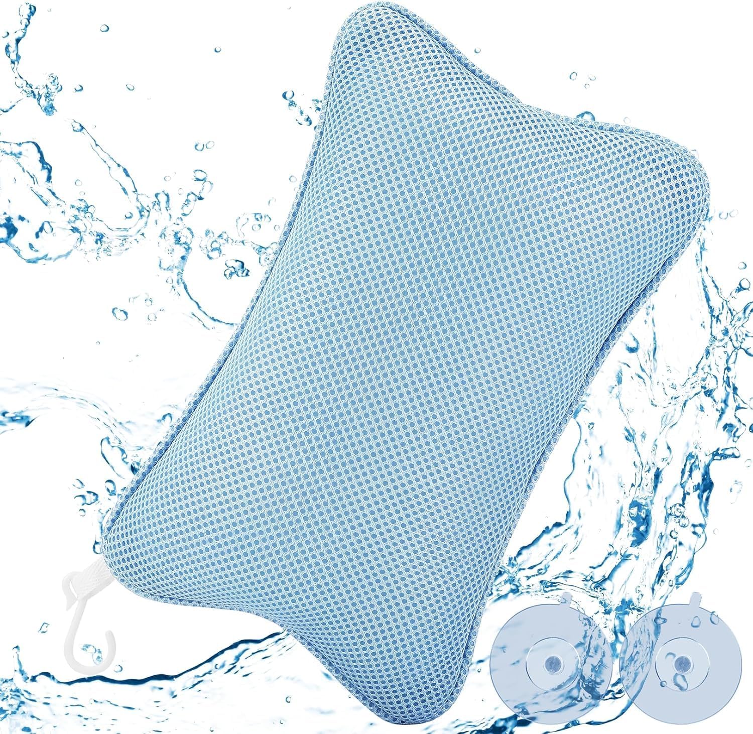 (bleu) Poduszka do wanny z 2 mocnymi przyssawkami zapewniającymi pewne trzymanie, ergonomiczna poduszka do wanny dla optymalnego relaksu