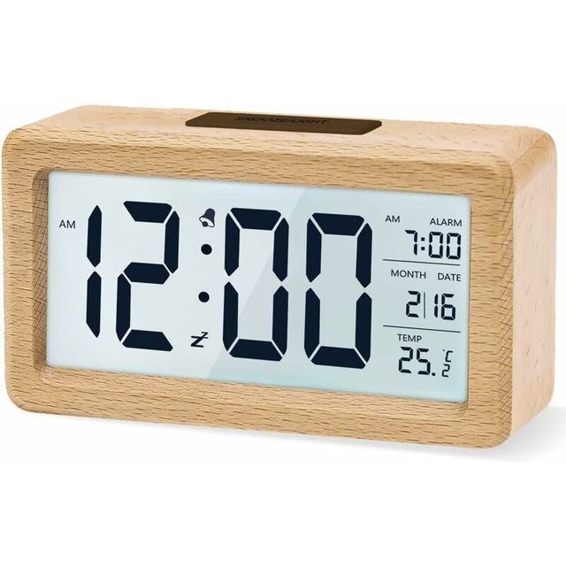 Réveil numérique avec grand écran LCD rétroéclairé, température, fonction snooze, capteur de luminosité [piles non incluses]
