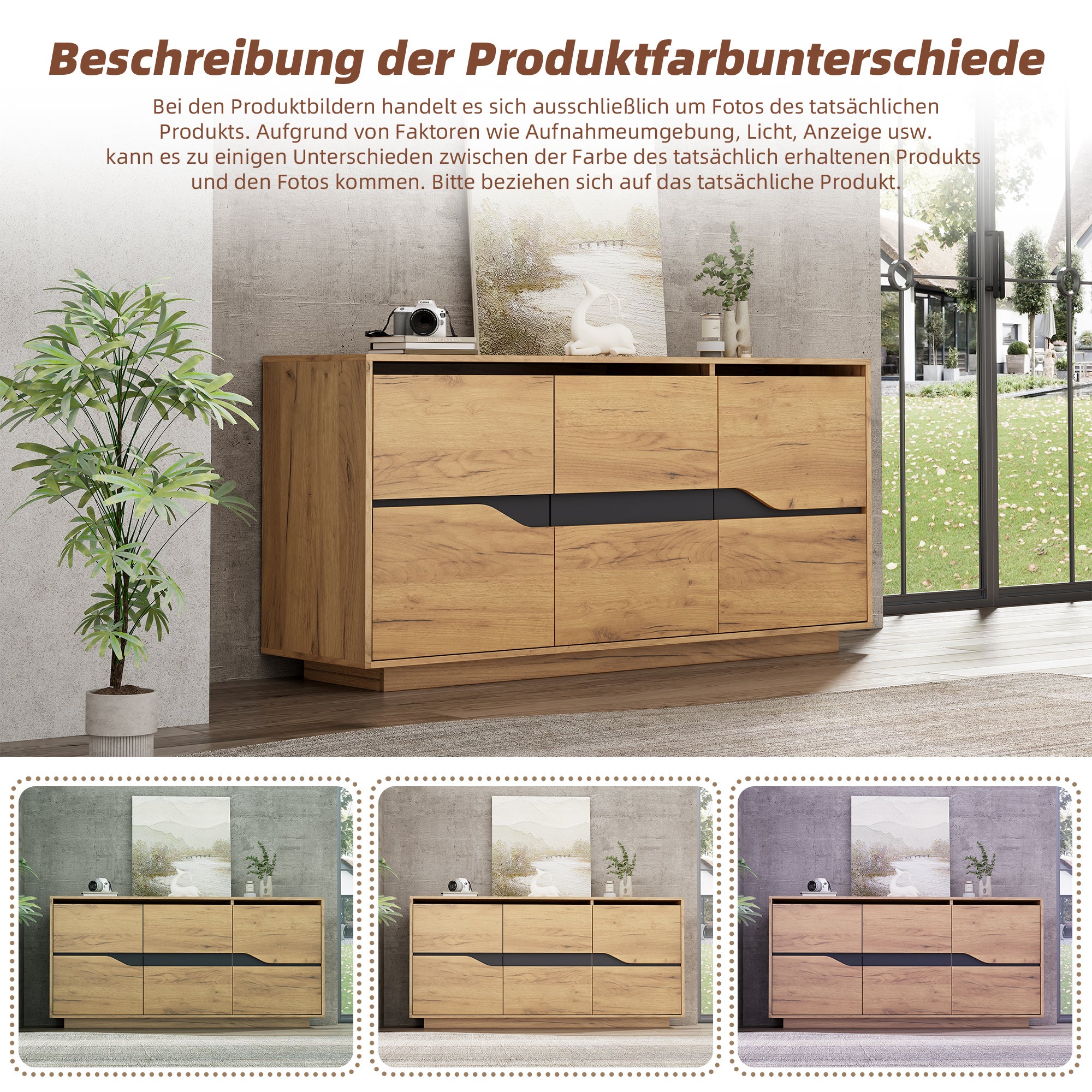 Buffet avec 3 portes, commode - 140 x 40 x 76 cm - Etagères réglables - Panneau de particules - Chêne - 9