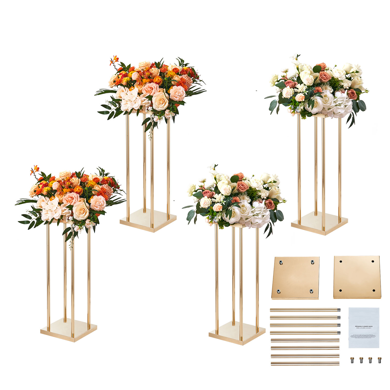 Set 4 soportes para flores metal dorado para bodas, altura 60 cm con laminado, centros de mesa geométricos, expositor cilíndrico para eventos succebuy