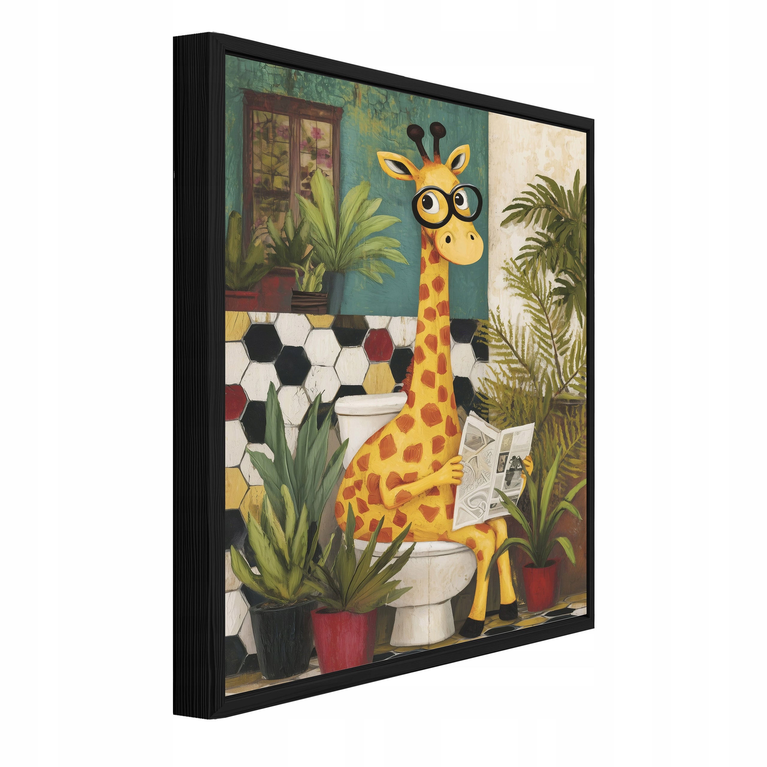 Tablou Canvas amuzant verde girafa Tablou decorativ Rama Neagra Living Bucatarie Tablouri de perete 70x100 cm