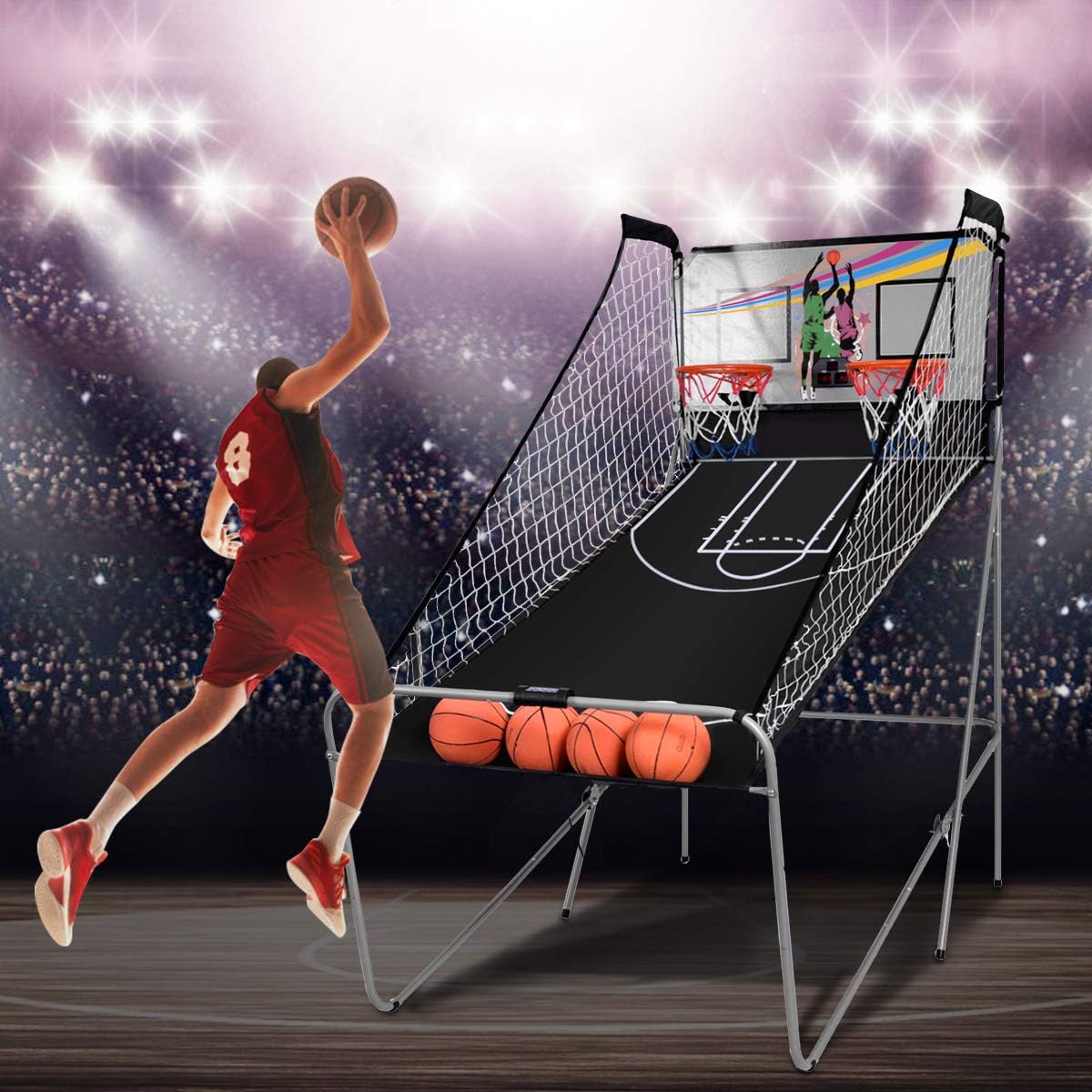 Máquina De Baloncesto Plegable GYMAX – Marcador Electrónico Y 3 Pelotas Incluidas – 208x62x207 Cm