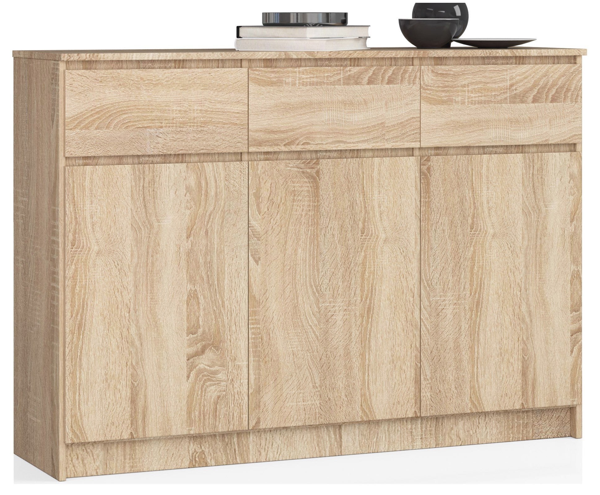 Komoda AKORD K140 Dąb Sonoma 138 cm 3 drzwi 3 szuflady kolor Dąb Sonoma mat 6 półek 138x40x99 cm
