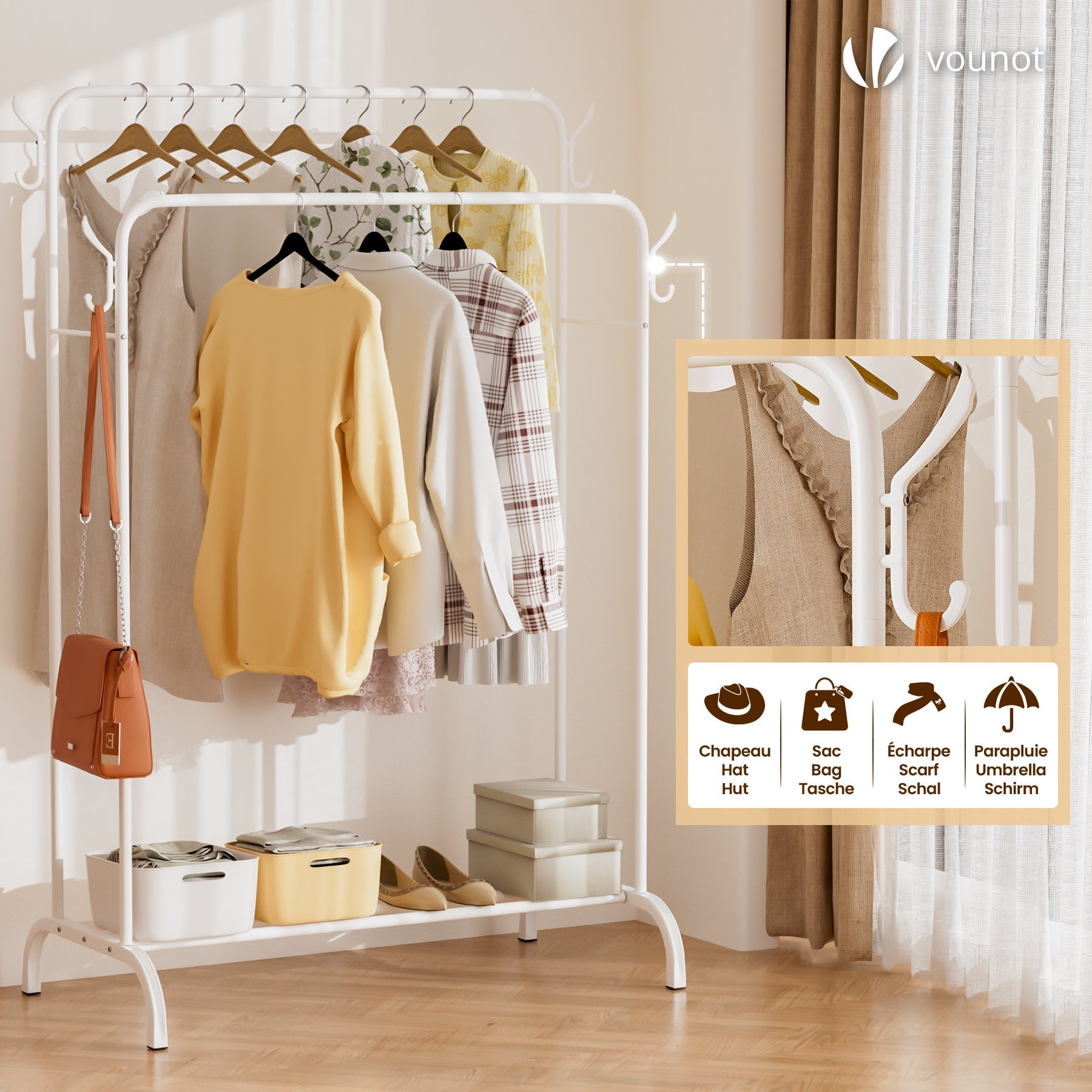 Portant a Vetements Double avec etagere Chaussures 4 Crochets Lateraux 110x58x150cm metal Blanc VOUNOT® - 5