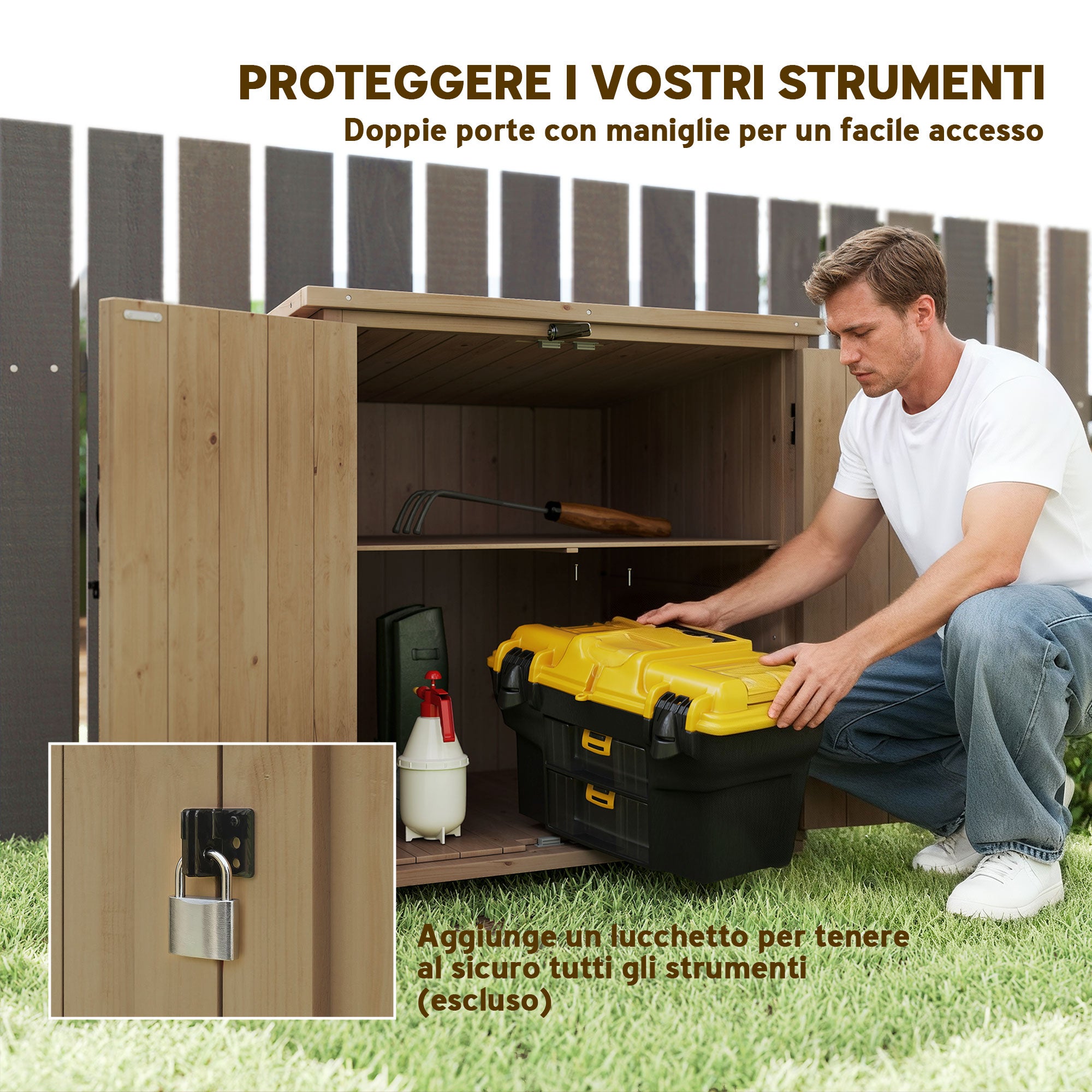 Outsunny Armadio da Esterno con Ripiano Interno Regolabile e Tetto Inclinato, in Legno di Abete, 77.5x88x90 cm - 6