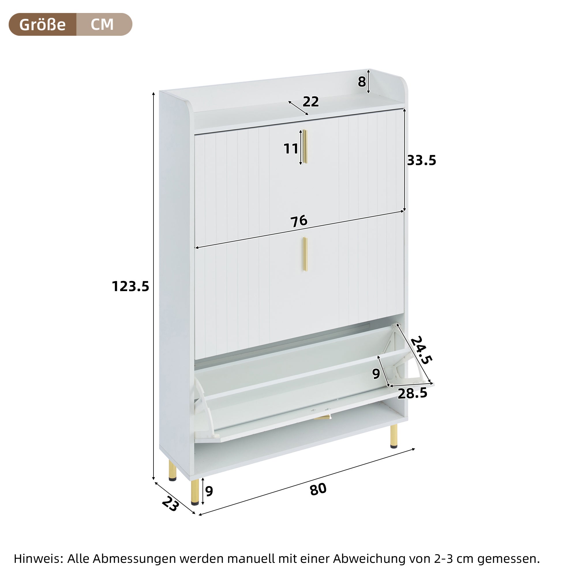 Meuble à chaussures avec 3 compartiments - 80 x 23.5 x 123.5 cm - Dispositif anti-basculement - MDF - Blanc - 3