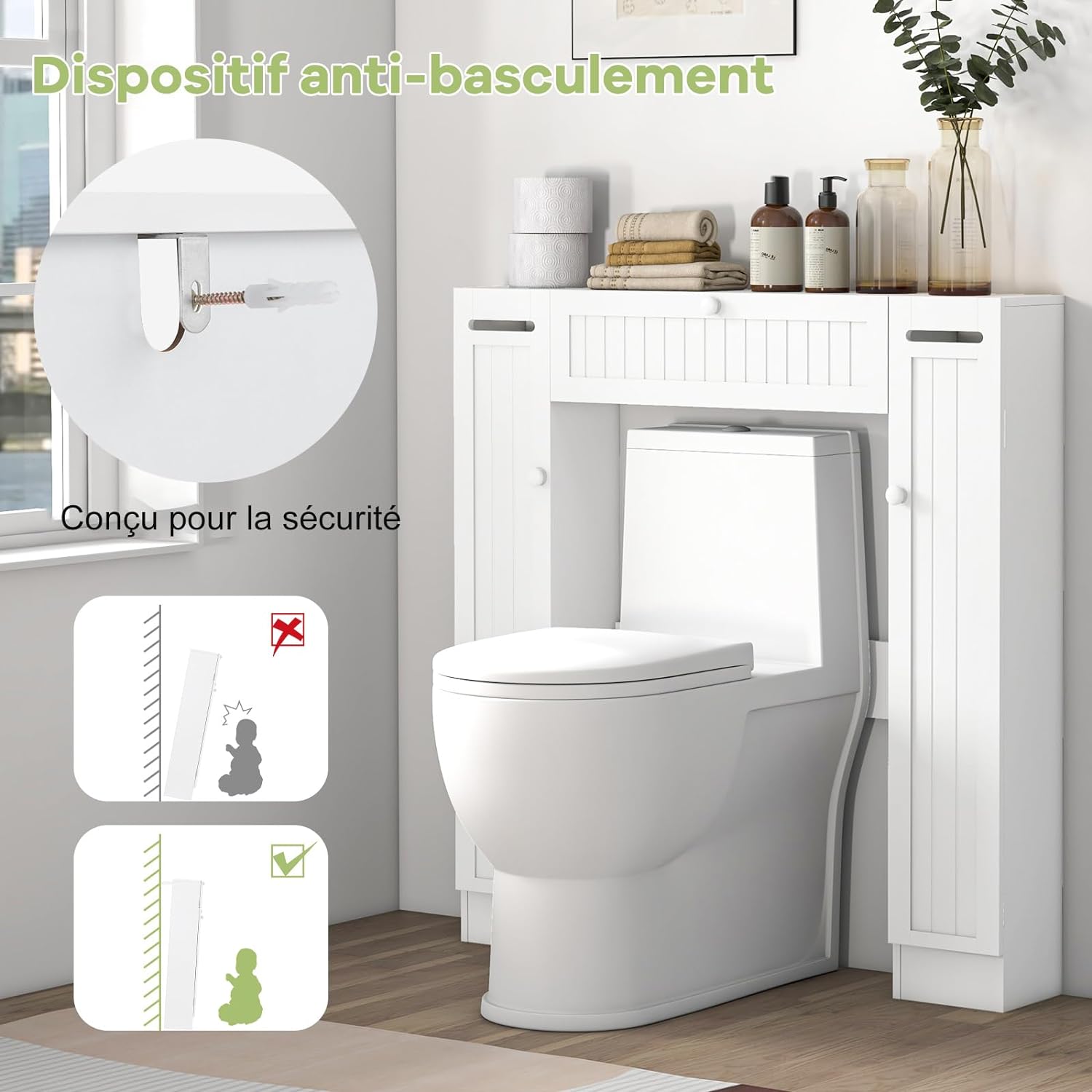 Mobile Sopra WC, Mobile per Bagno con Ripiani Regolabili Portarotolo per Carta Igienica e Anta Ribaltabile, Ideale per Bagno Lavanderia, 89x19 - 3