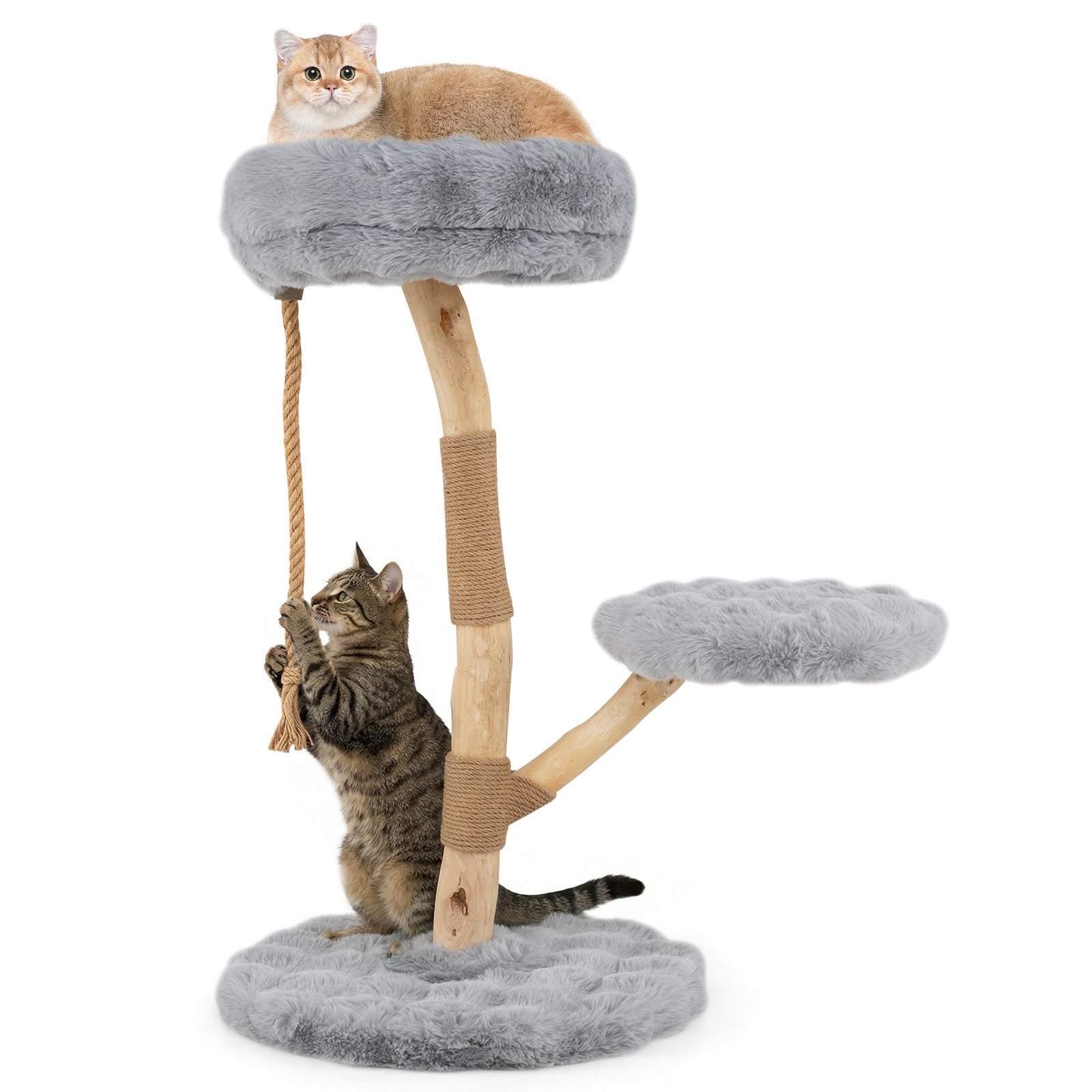 Arbor de pisică Lemn de poirier, 3 platforme, Păței de grifă din iută, Cord din iută, țesut, Turn pisică la 3 niveluri, 90 cm, Gri clar